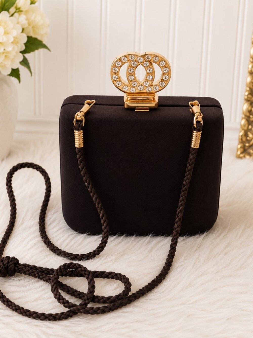 90's Vintage Black and Gold Minauderie Crossbody Clutch